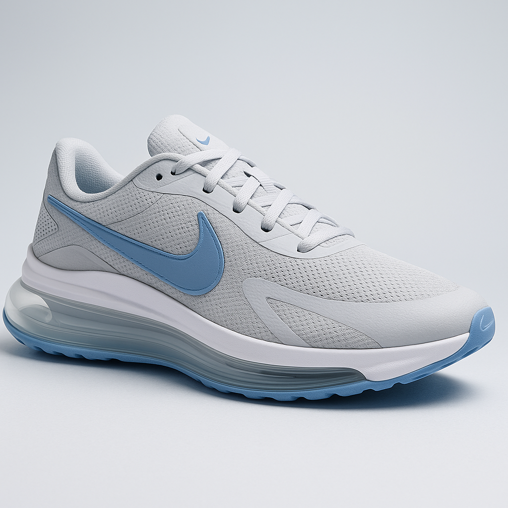 Кроссовки Nike Air Max 2025 (Photon Dust / University Blue), правая пара, вид сбоку под углом 45°